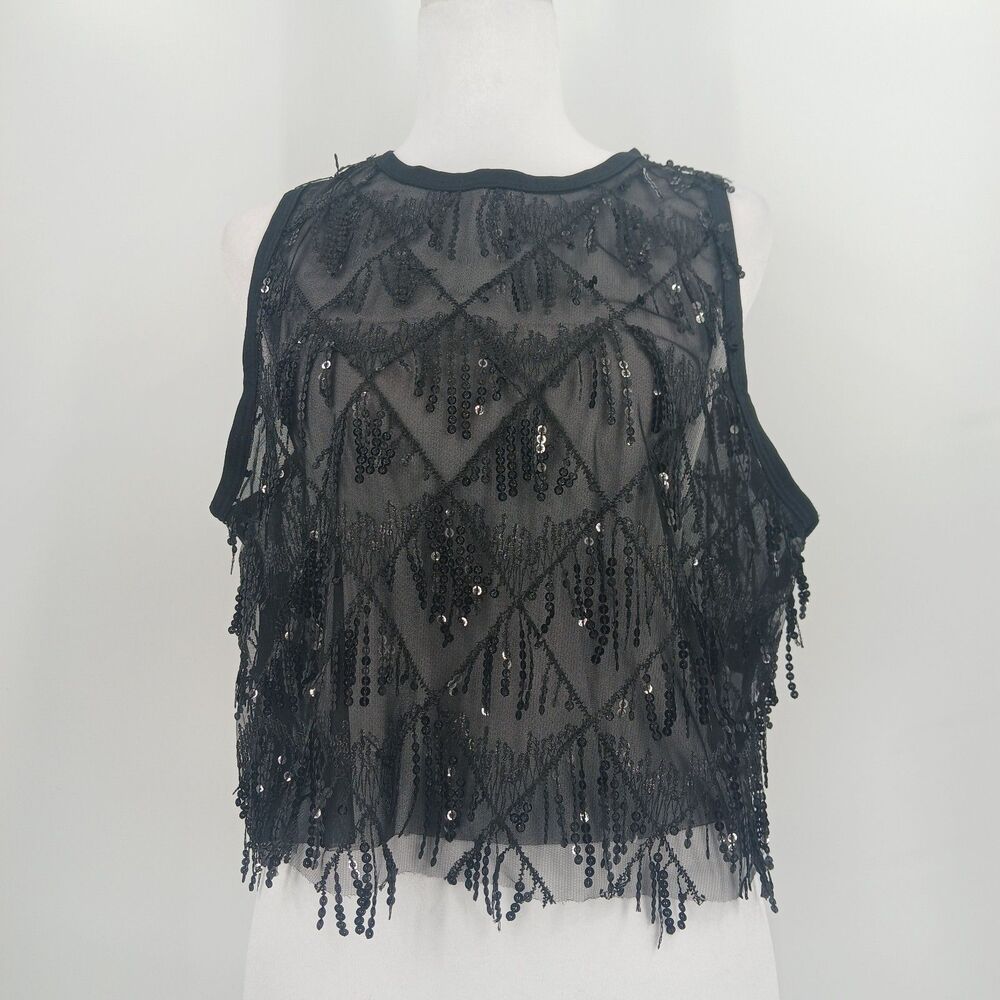 womens black sheer tear drop sequin formal tank top size large party romantic
